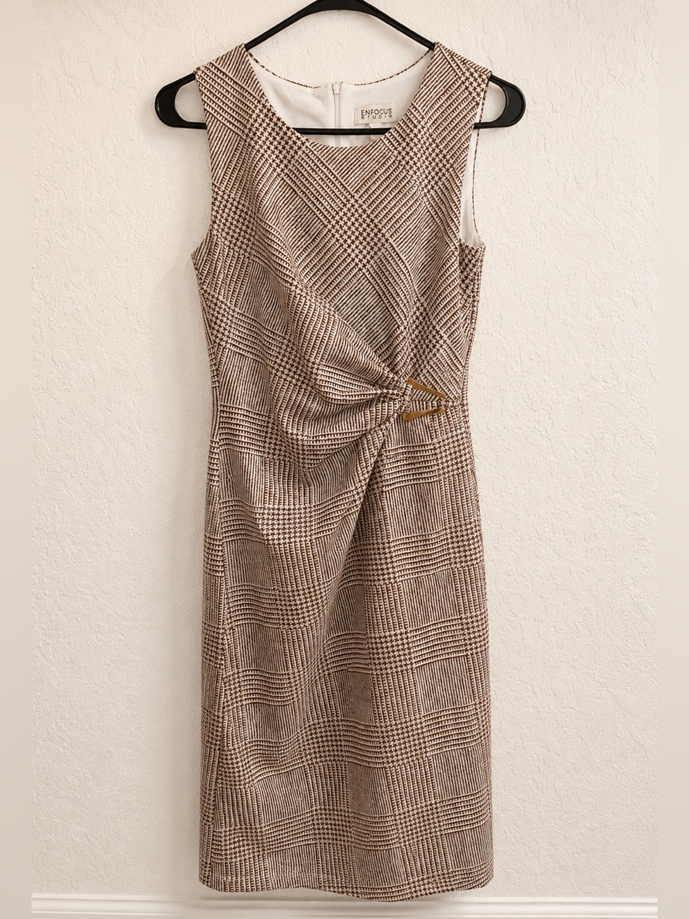 Nicole Miller Brown Plaid Twist-Front Midi Dress